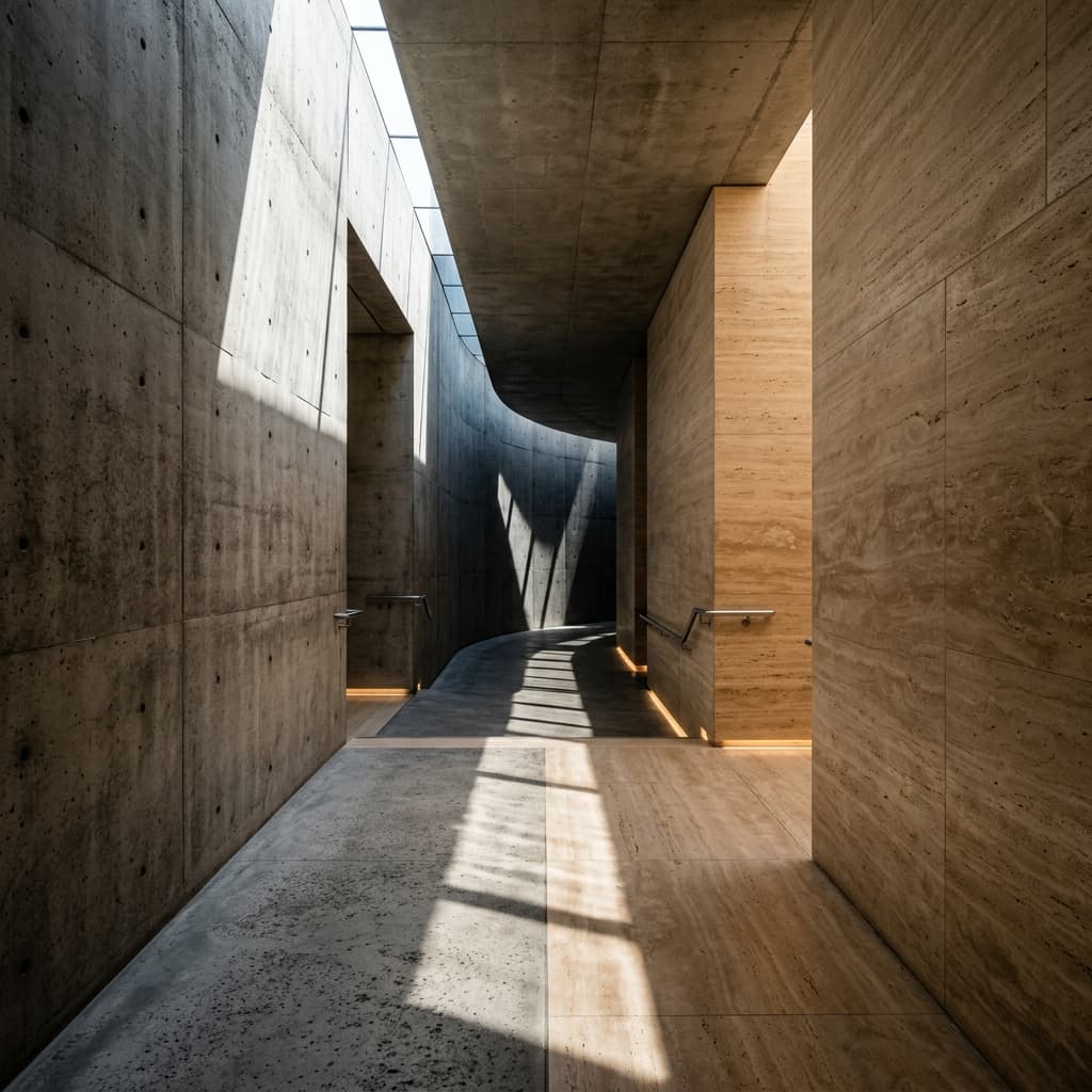 Minimalist stone corridor with dramatic lighting