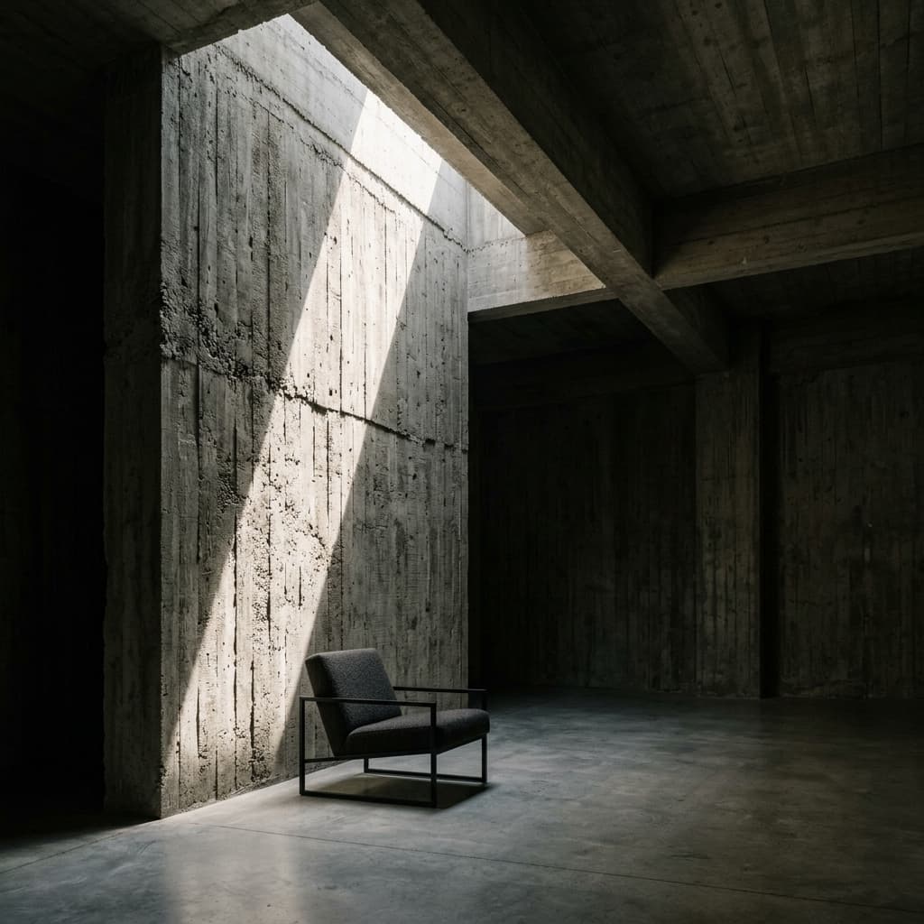 Sculptural chair in a high-ceilinged concrete room